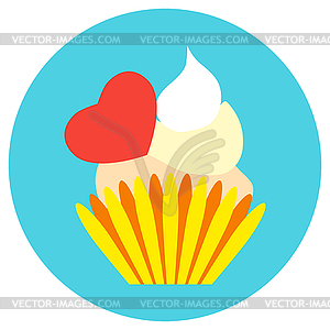 Cake with cream and heart. Icons in flat style on - vector clip art