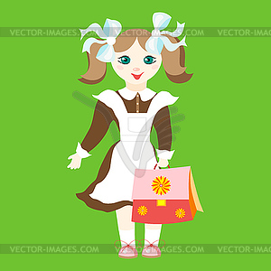 Girl schoolgirl in uniform with blue bows holding - vector image