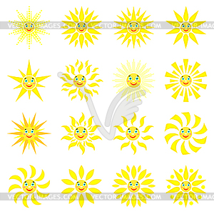 Smiling sun with rays of different shapes. Set of 1 - vector clip art