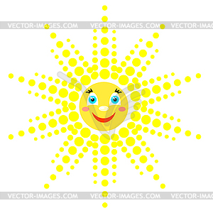 Smiling sun with rays of different shapes. Icon. - vector clipart