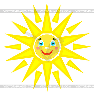 Smiling sun with rays of different shapes. Icon. - vector image