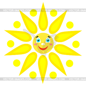 Smiling sun with rays of different shapes. Icon. - vector clipart