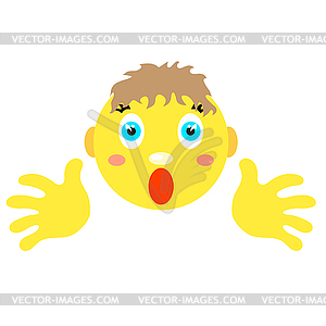 Smiley boy with finger gesture with both hands - vector clip art