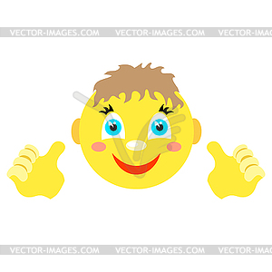 Smiley boy with finger gesture with both hands - vector image