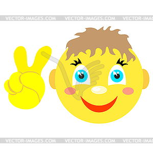 Smiley boy with Victoria gesture, V - vector image