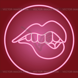 Teeth bite lower lip, in neon circle - vector clipart