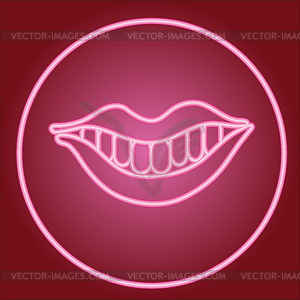 Smile with lips and teeth, in neon circle - vector image