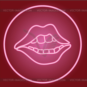 Smile with lips and teeth, in neon circle - vector EPS clipart