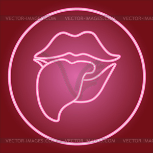 Lips and tongue, in neon circle - vector image