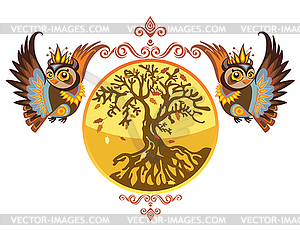 Autumn owls with tree - vector clip art