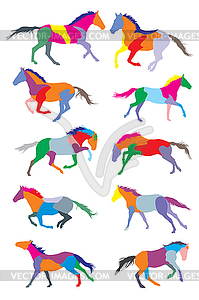 Набор красочных лошадей silouettes - векторизованное изображение клипарта