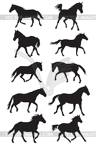 Set of black trotting horses silouettes - vector image