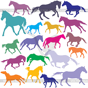 Big Set colorful trotting and galloping horses - vector clip art