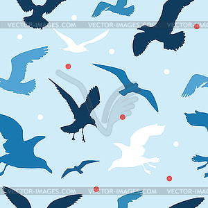 Seamless pattern with seagulls on blue background - vector clipart