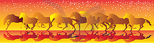 Yellow and red background with horses running gallop - vector clipart