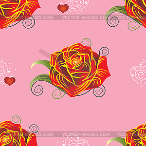 Pattern red rose with hearts on pink background - vector clip art