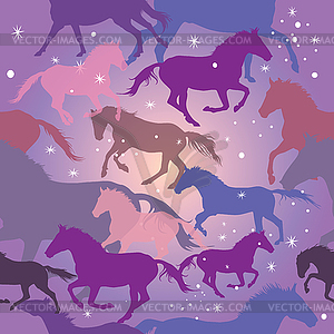 Seamless pattern with horses on purple background - vector image