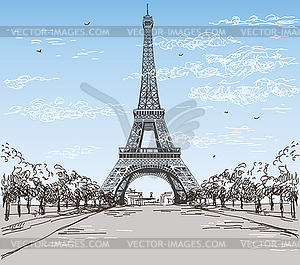 Landscape with Eiffel tower in black and wwhite - vector image