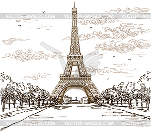 Landscape with Eiffel tower in brown colors - vector clipart