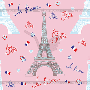 Seamless pattern with Eiffel tower on pink - vector clipart