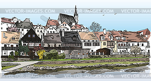Colored panoramic view of Cesky Krumlov - vector clipart