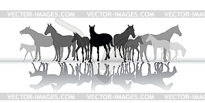 Standing horses silhouette with reflection - vector clipart / vector image