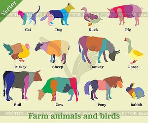 Mosaic farm animals and birds silhouettes - vector clip art