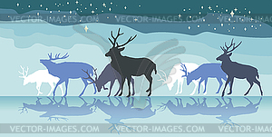 Colorful panorama with walking deers females - vector clip art