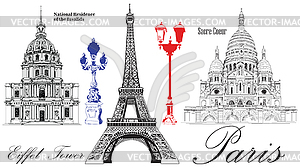 Eiffel Tower, National Residence of Invalids and - color vector clipart