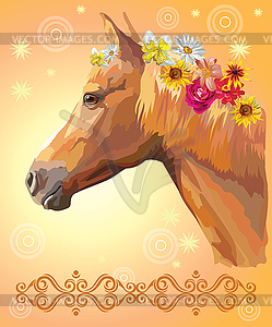 Horse portrait with flowers - vector image