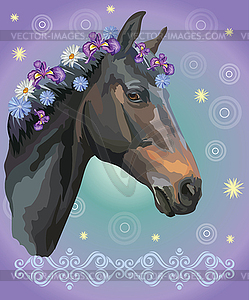 Horse portrait with flowers - vector clip art