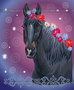 Horse portrait with flowers11 - vector clipart