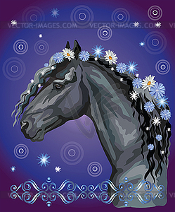 Horse portrait with flowers12 - color vector clipart