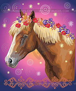 Horse portrait with flowers - vector clip art