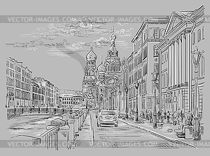 Grey hand drawing ST Petersburg  - vector clipart / vector image