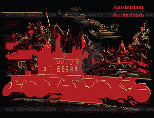 Bicycles on bridge in Amsterdam, black and red - vector image