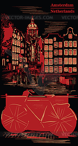 Bike in Amsterdam, black and red - vector image