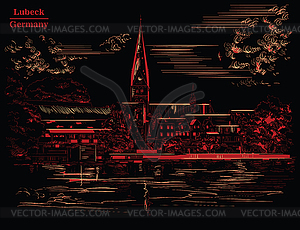 View on Church of St. Mary in Lubeck, black and red - vector image