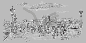 Grey hand drawing Prague  - vector clip art
