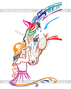 Colorful girl and horse - vector image