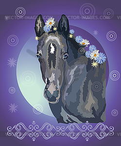 Horse portrait with flowers 37 - vector image