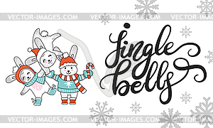 Horizontal Christmas card rabbits jingle bells - royalty-free vector clipart