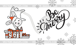 Horizontal Christmas card rabbit be merry - vector image