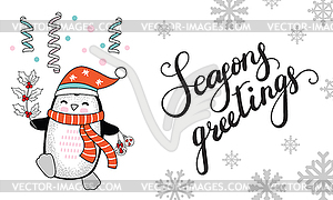 Horizontal Christmas card penguin seasons greeting - vector EPS clipart