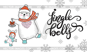 Horizontal Christmas card rabbit and bear - vector clipart