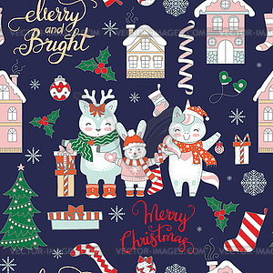 Seamless pattern Merry Christmas animals on blue - vector clipart