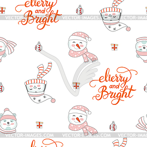 Seamless pattern Merry Christmas snowman and penguin - royalty-free vector image