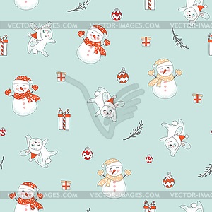 Бесшовный фон с Рождеством кроликов и снеговика - рисунок в векторе