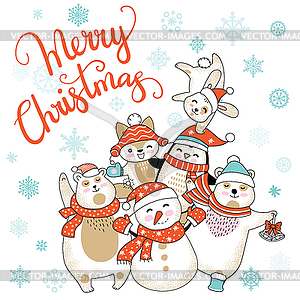 Christmas card congratulations with cute cartoon - vector clipart