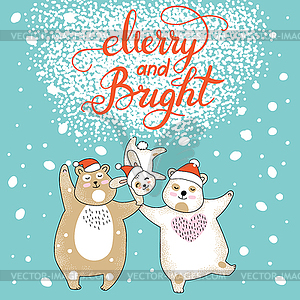 Christmas card congratulations with two cute bears - vector clipart